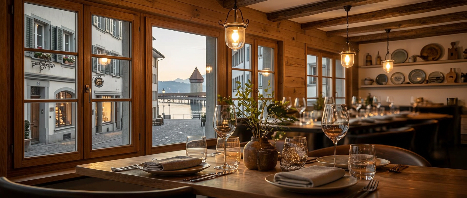 Edle Tischdekoration in einem städtischen Restaurant mit Abendlicht
